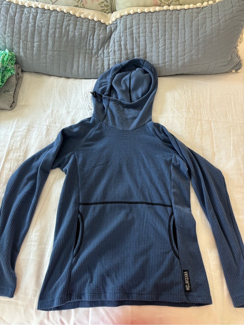 Melanzana Ribbed Slate Blue Hooded Pullover WS NWOT